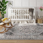 Rugcomf Vintage Medallion Living Room Rug 5'x7' - Machine Washable Area Rug, Non-Slip Low Pile Boho Carpet for Bedroom, Dining Room, Farmhouse, Office, Kids Playroom - Grey and White