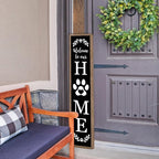 LuZhiQiang Front Porch for Welcome To Our Home Standing Sign 45"X9" Vertical Tall Long Leaner Paw Print Outdoor Front Door Wood Framed Decor (Wood Black)