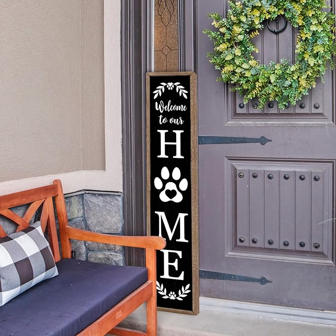 LuZhiQiang Front Porch for Welcome To Our Home Standing Sign 45"X9" Vertical Tall Long Leaner Paw Print Outdoor Front Door Wood Framed Decor (Wood Black)