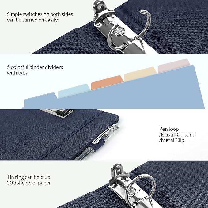 SKYDUE Clipboard Binder with Dividers,1 Inch 3 Ring Binder with Clipboard on Front, Clipboard Folder with Pocket, Labels Office Supplies Blue