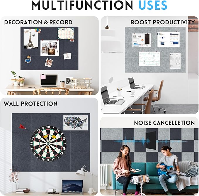 Large Cork Bulletin Board for Wall 48"x36", 12 Pack Felt Wall Tiles with 80 Pushpins, 60 Safe Removable Adhesive Tabs, Decorative Pin Board Tack Board for Office Home School, Dark Gray