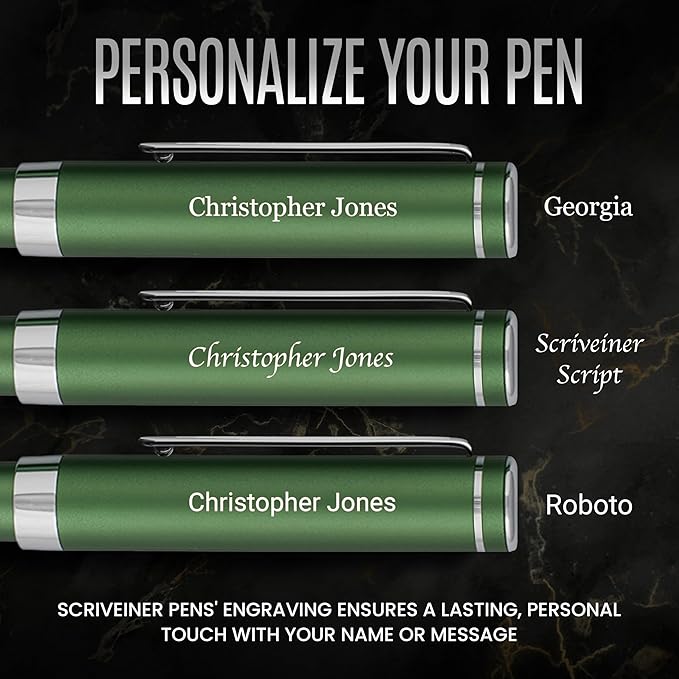 Scriveiner Personalized Luxury EDC Fountain Pen (Medium), Stunning Matt Green Pocket Pen, Chrome Finish, Schmidt German Nib, Best Engraved Fountain Pen Gift Set for Men & Women, Name Engraving