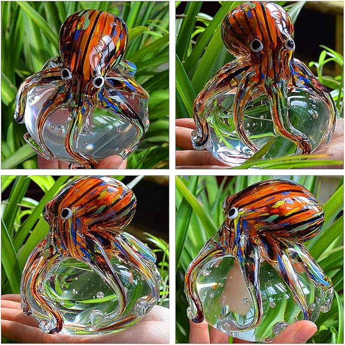 EUSTUMA Hand Blown Glass Octopus Figurine Ornament,Sea Animal Ornament for Fish Tank Aquarium,Sea Animals Collection for Birthday Gift,Glass Office Paperweight for Desk.