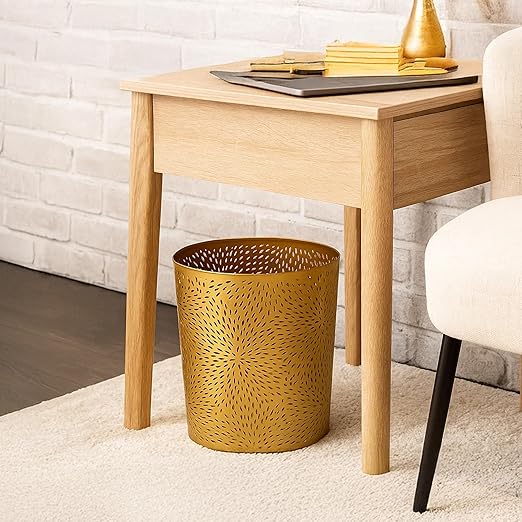 TUP THE URBAN PORT 10" Decorative Iron Wastebasket Trash Can | Matte Gold | Leaf Etched Design