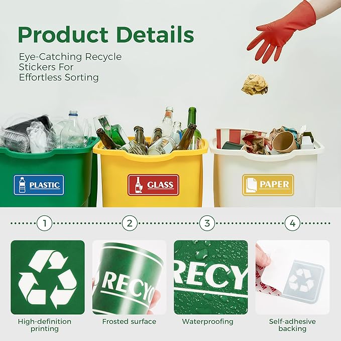 6PCS Recycle Sign Stickers for Trash Bins,Self-adhesive Waterproof Trash Recycle Stickers, Recycling Labels for Trash Can, Home, Office, Apartment, Hotel, School and Public Area