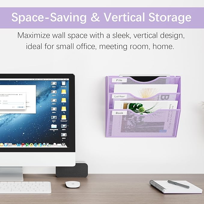 EasyPAG 3 Pocket Mesh Wall File Organizer, Hanging Paper Folder Holder with Classify Label, Vertical Wall Mount Mail Organizer for Office Home Classroom, Purple