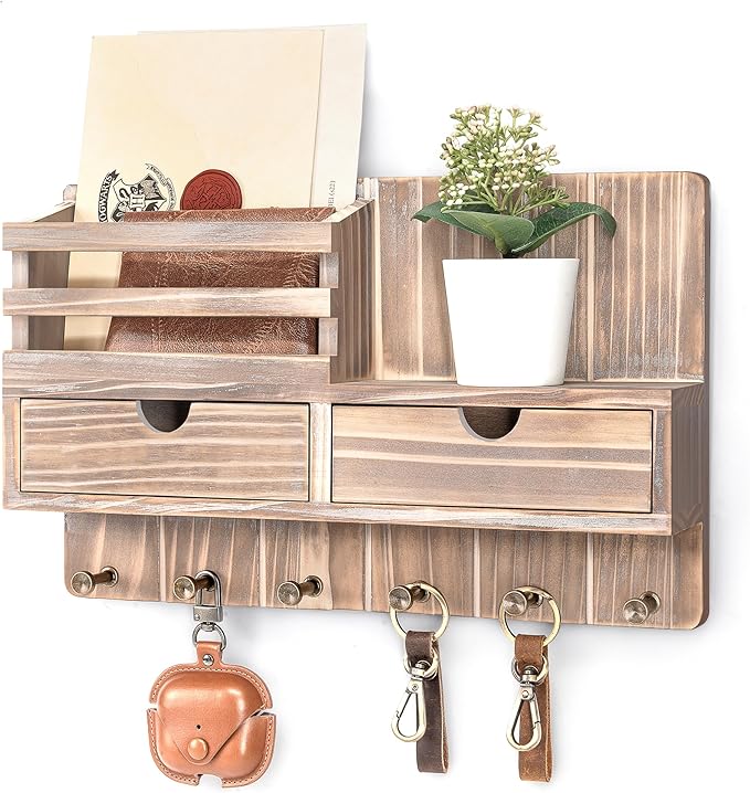 Rebee Vision Farmhouse Key Holder Wall Mount with 2 Drawer Organizer – Key and Mail Holder for Wall with 6 Key Hooks & Shelf – Home Essentials for Home Decor (Natural Wood)