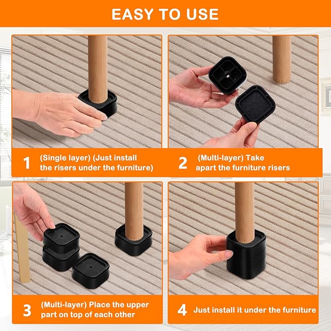 shouwuhho 18 Pack Furniture Risers Adjustable Bed Risers Heavy Duty Lifts Height 1", Square Stackable Bed Risers 1, 2 or 3 Inch for Desk Leg Table Couch Sofa Chair Bed Frame Legs Dorm, Black
