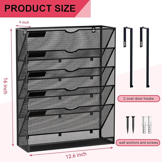 GDINDINFAN 6-Tier Hanging File Organizer Office Cubicle Accessories for Work Organizer Wall Mount File Holder for Mails Folders Papers Magazine Organization, Black