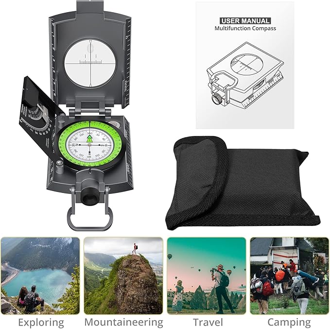 Anbte Compass Hiking Survival, IP65 Waterproof Metal Compass with Sighting Clinometer and Carry Bag, Multifunctional, Professional, for Camping Hunting Hiking Navigation