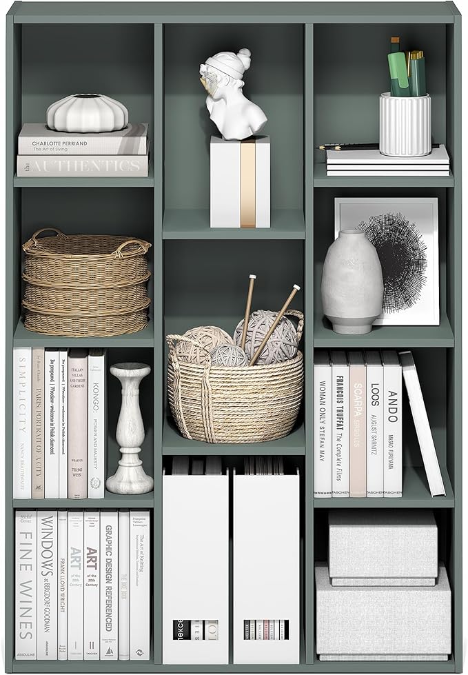 Furinno LUDER Book Shelf, 11-Cube Bookshelf, Reversible Bookcase, 9.4" x 29.1" x 41.7", for Living Room, Bedroom, Home Office, Sage Green