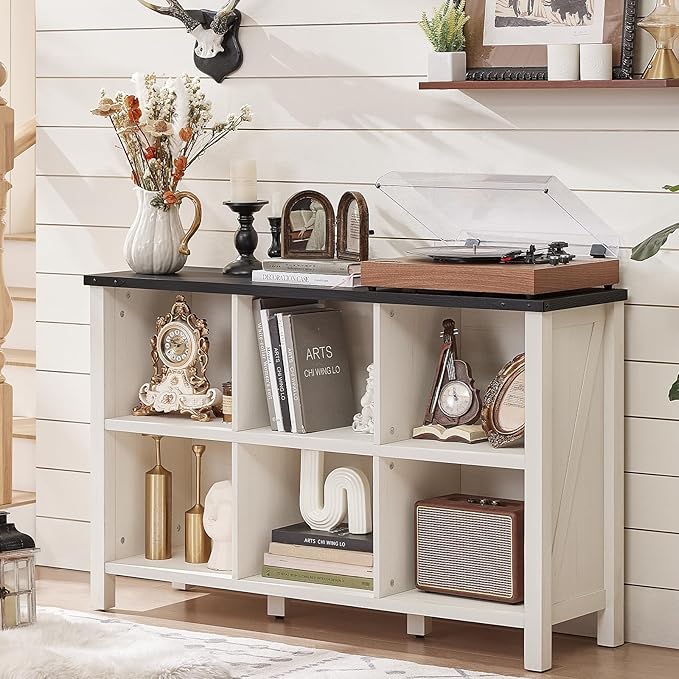 Joaxswe Farmhouse 6 Cube Bookshelf, Antique White & Black Wooden Storage Organizer Book Shelf, 47" Cubby Hallway Bookcase, Kids Toy Storage Cabinet, Modern Open Book Case for Living Room, Playroom
