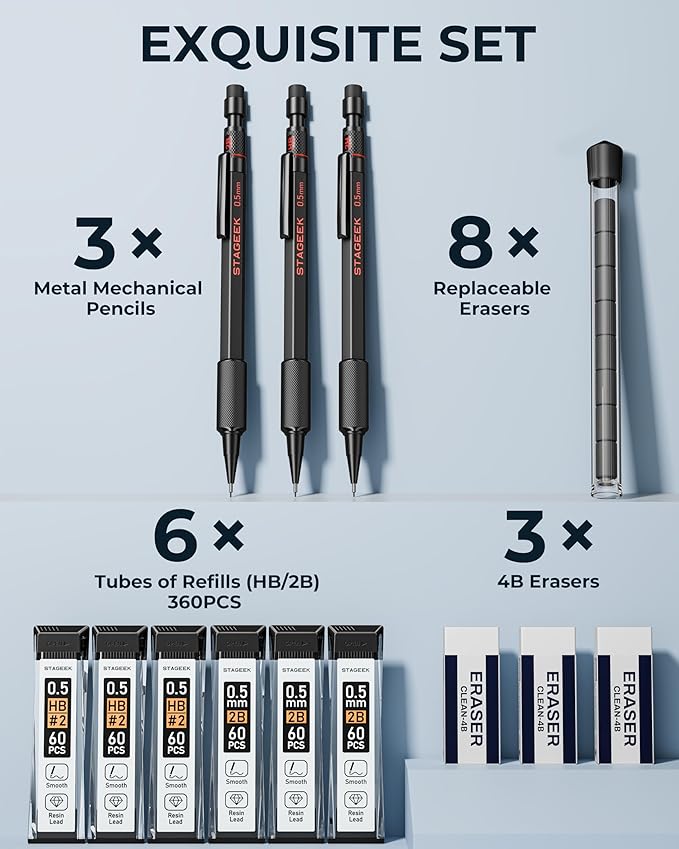 STAGEEK 0.5mm Mechanical Pencil Set, 3PCS Metal Mechanical Pencils 0.5mm with 6 Tubes HB & 2B Lead Refills, Erasers, Weatherproof Artist Pencils with Case for Outdoor Writing Drafting Drawing