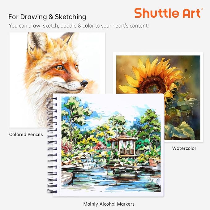 Shuttle Art Marker Pad, 8.3”x8.9” Portable Square Sketchbook, 80 Sheets Marker Drawing Paper, 110LB/180GSM Bleedproof Art Paper, Spiral-Bound, Great for Professional Artist to Draw, Paint & Sketch