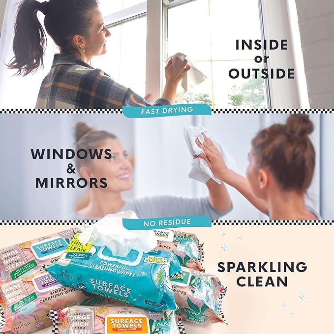 Juniper CLEAN 6 Packs Surface Cleaning Wipes Bleach Free, Thick & Large Dispose, All-Purpose Cleaner for Bathroom, Kitchen, Office, 600 Count Soft Flow, Biodegradable, Juniper Scent
