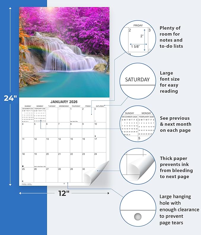 2026 Waterfalls Monthly Wall Calendar | Travel Calendar 2025-2026