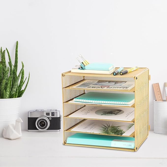 EASEPRES 5 Slot Mesh Desk Organizer Tray, File Paper Letter Folder Holder Desktop Paper Sorter Mail Organization Rack Storage Accessories, for Office Home School Classroom, Gold