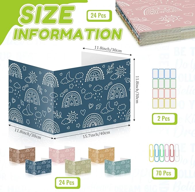 Cinrobiye 24 Pcs Boho Privacy Folders Standard for Students Cardboard Shields Test Privacy Boards Motivational Words Desk Dividers Shield for Classroom School Study Supplies (Boho)