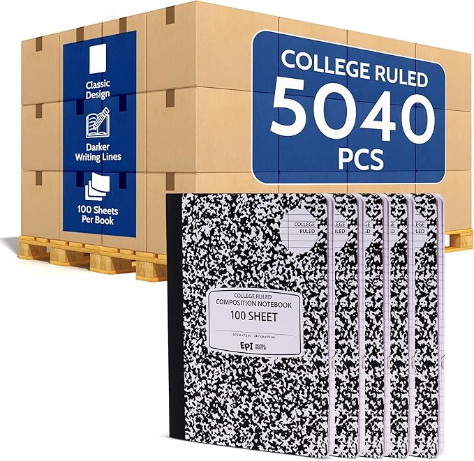 EPI 5040 Pack (Pallet) College Ruled Composition Notebook Bulk, 200 pages (100 Sheets), 9-3/4 x 7-1/2, Black Marble, Bulk School Supplies, Heavy Duty, Durable Office Notebooks, Sturdy Sewn Binding