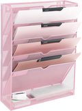 EASEPRES 6 Tier Mesh Hanging Wall File Organizer, Desk Vertical Mail Paper Document Folder Holder Rack with Bottom Tray and Nametag Label for Office Home School, Pink