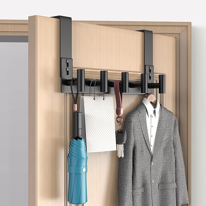 PMMASTO Over The Door Hooks, Door Hanger Hook for Hanging, Coat Rack Organizer for Bathroom, Towel Holder Bathroom Accessories (Black 5 T-Hooks-Fits 1-3/4" Thick Door)