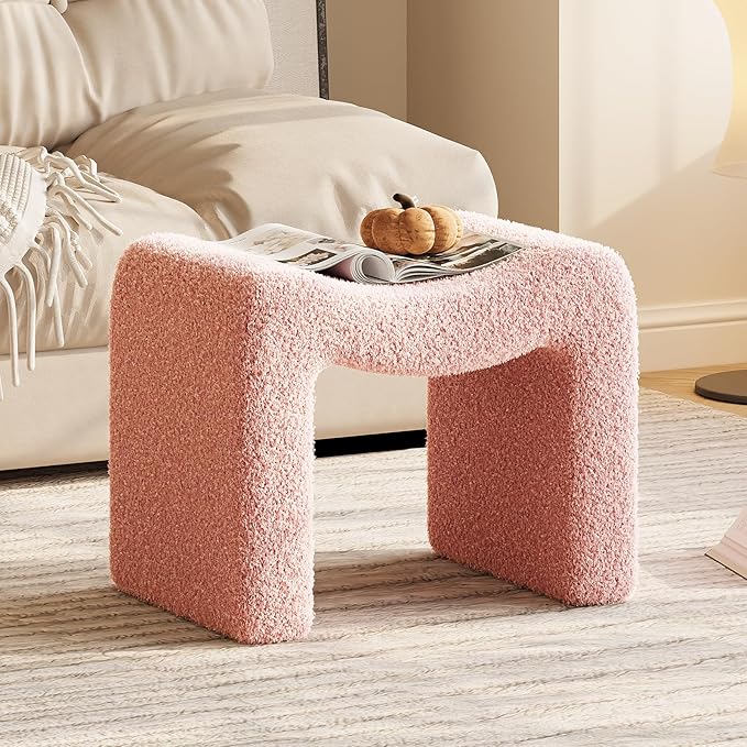 ZYKZYK Ottoman Vanity Seat, Plush Velvet Backless Stool and Small Foot Rest, Modern Accent Seating for Bedroom, Makeup Table or Living Room, Pink