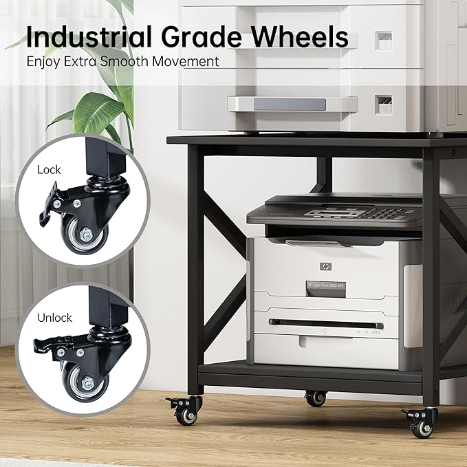 Fannova 2 Tier Large Printer Stand, 23.6 x 23.6 x 22.6 Inches Square Printer Table with Storage Shelf, Rolling Printer Cart with Industrial Wheels for Home Office, Mini Fridge Stand Table - Black