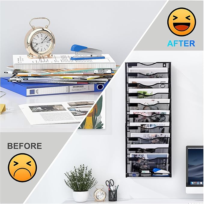 Solinxe 10-Tier Wall File Organizer, Mesh Mail Organizer Wall Mounted Paper Document Holder, Vertical Magazine Rack, Metal Hanging Clipboard Storage Basket for Office Home School Organization, Black