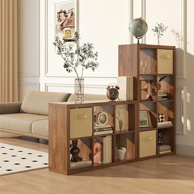 Bookshelf with Storage Bins, 16-Cube Storage Organizer Sturdy Wooden Cube Bookcase Horizontal Bookshelf with Storage, Furniture for Living Room Bedroom Office, Classic Oak