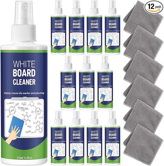 Dansib 12 Pack Whiteboard Cleaner Spray 8.5oz Dry Erase Board Cleaner with 6 Cloths Non Toxic Dry Erase Cleaner Removes Stubborn Marks from Whiteboards