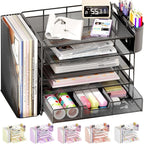 OPNICE Desk Organizer, 5-Tier Paper File Organizer with Drawer & Pen Holder, Office Desk Accessories, Workspace Desktop Organizer for Office Supplies(Black)