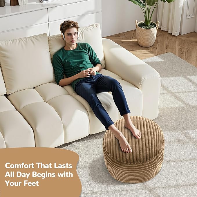 MeMoreCool Stuffed Round Pouf Ottoman Foot Rest, Soft Plush Floor Pouf Foot Stool, Corduray Footstool Footrest, Small Round Ottoman for Living Room Couch Sofa Chair, 20x15 Inch Coffee