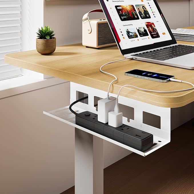 PEGZONE Under Desk Cable Management Tray, 15.7 Inches Metal Cord Organizer Rack, Desk Tray for Power Strip, Cord, Wire, Easy Mounting Cable Management Under Table for Home Office, White
