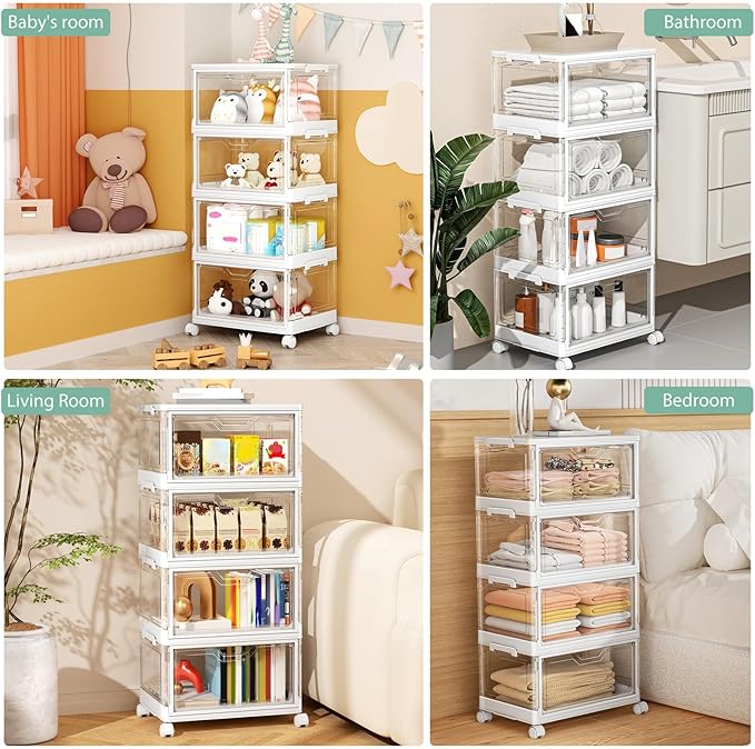 Kmiectse Clear Storage Bins with Lids - 4 Tier Plastic Bins with Wheels, Stackable Storage Bin, Closet Organizers Box for Bedroom, Living Room, 23 QT Folding Box with Magnetic door