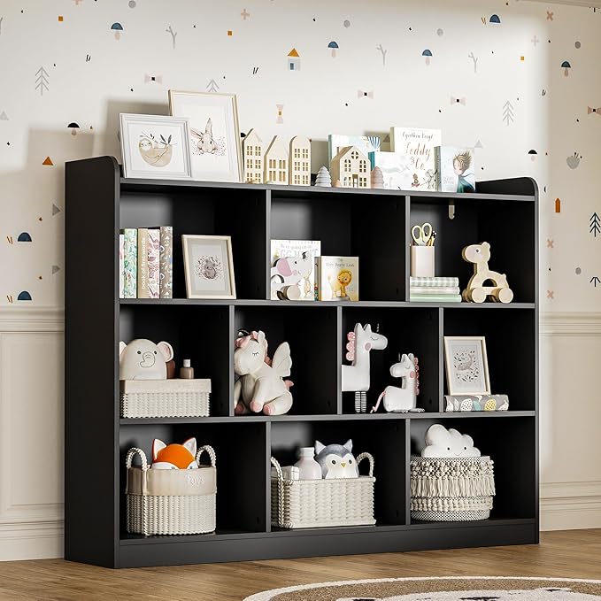 DIYART Black Bookshelf, Wood Bookcase with 3 Tier Open Shelves, 10-Cube Minimalist Storage Shelf for Living Room, Bedroom, 55.1" W x 42.5" H