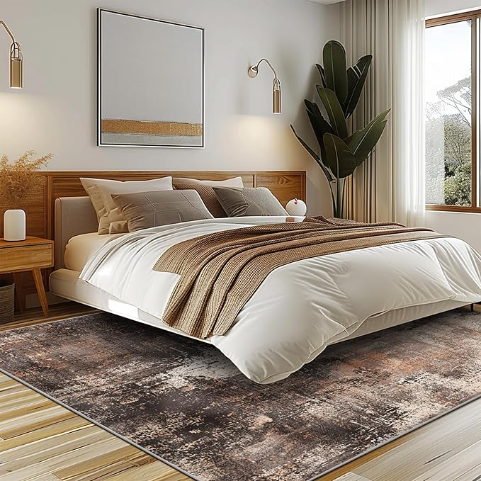 GENIMO Washable Area Rugs for Living Room, 10x12 Vintage Non Slip Rugs, Low Pile Lightweight Soft Print Rug for Bedroom, Dining Room, Home Office, Brown Orange