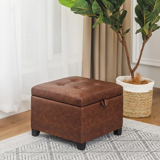 Adeco Small Faux Leather Storage Ottoman Bench with Wood Legs, Square Red & Brown PU Cube Foot Stool, Upholstered Button Tufted Vanity Chair with Hinged Lid for Living Room, Bedroom, Dorm