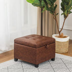 Adeco Small Faux Leather Storage Ottoman Bench with Wood Legs, Square Red & Brown PU Cube Foot Stool, Upholstered Button Tufted Vanity Chair with Hinged Lid for Living Room, Bedroom, Dorm