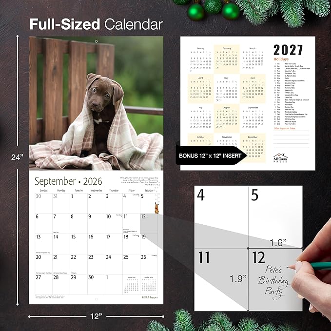 MICASA PRESS Pit Bull Puppies 2026 Wall Calendar 12 Month | 12" x 24" Open | Thick & Sturdy Paper | Holiday Gift | Cute Puppy Dog Calendar 2026