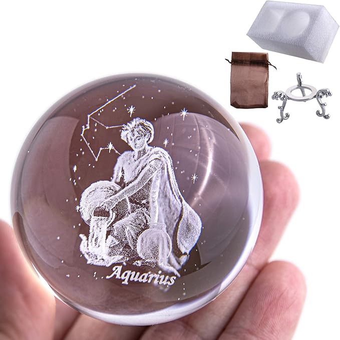 3D Laser Constellation Crystal Ball 60mm Crystal Paperweight Full Sphere Glass Fengshui with Sliver-Plated Flowering Stand(Aquarius)