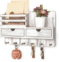 Rebee Vision Farmhouse Key Holder Wall Mount for Home Decor – Key and Mail Holder for Wall with 2 Drawer Organizer, 6 Key Hooks & Shelf – Apartment Essentials (Whitewash)