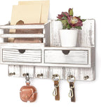 Rebee Vision Farmhouse Key Holder Wall Mount for Home Decor – Key and Mail Holder for Wall with 2 Drawer Organizer, 6 Key Hooks & Shelf – Apartment Essentials (Whitewash)