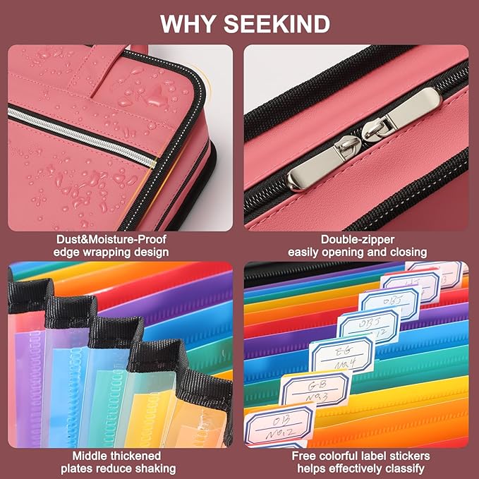 SEEKIND PU Leather Accordion File Organizer with Handle & Strap，12 Pockets Expanding File Folder with Zipper & Labels，Portable Document Organizer File for Letter A4 Files