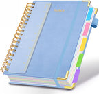 Hardcover Spiral Notebook 8"x10" Journal Notebook with Tabs and Removable Dividers 300 Pages 5 Subject Notebook College Ruled, Faux Leather Spiral Bound Notebook for Women School Work (Lake Blue)
