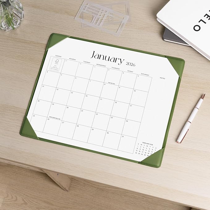Cabbrix Desk Calendar 2026 with Desktop Mat, Simplified Medium Desk Pad Calendar 15" x 12" January 2026 to June 2027, Desk Blotter Calendar for Home School and Office (Green)
