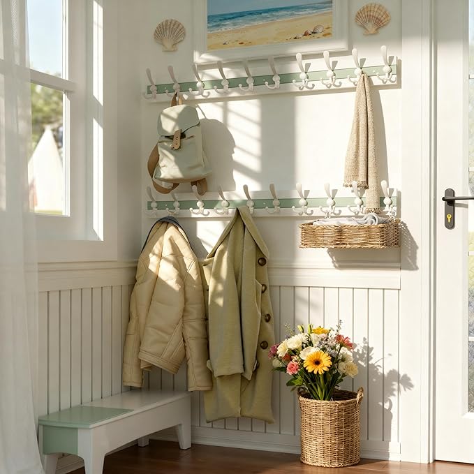 SKOLOO Coastal Wall Mounted Coat Rack - 38-1/8" Beach House Entryway Wooden Coat Hook with 10 Hooks for Hanging Coats, Hats or Towels, Oceanfront Cottage Core Collection, White & Green