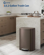 Garvee 13 gal (50 L) and 2.6 gal (10 L) Metal Trash Can Combo Set, Rustproof Garbage Can with Lid, Step-on Trash Bin with Inner Bucket, Rear Handle, Brown