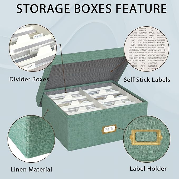 Decorative Photo Storage Box - 2 Pack Linen Photo Box Organizer with Dividers, Fits Holds Up to 1700 Pictures and 4x6 Photos, Memory Keepsake Organizer for Scrapbook Supplies, Cards, Stamps (Green)