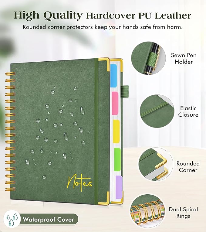 Spiral Notebook Journal with Removable Dividers Tabs, 300 Pages Hardcover Leather 5 Subject College Ruled Notebook, 8.5"x11" Large A4 Lined Journal for Women Men, Spiral Notebook for Work School,Green