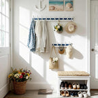 SKOLOO Coastal Wall Mounted Coat Rack - 16-7/8" Beach House Entryway Wooden Coat Hook with 5 Hooks for Hanging Coats, Hats or Towels, Oceanfront Cottage Core Collection, White & Blue